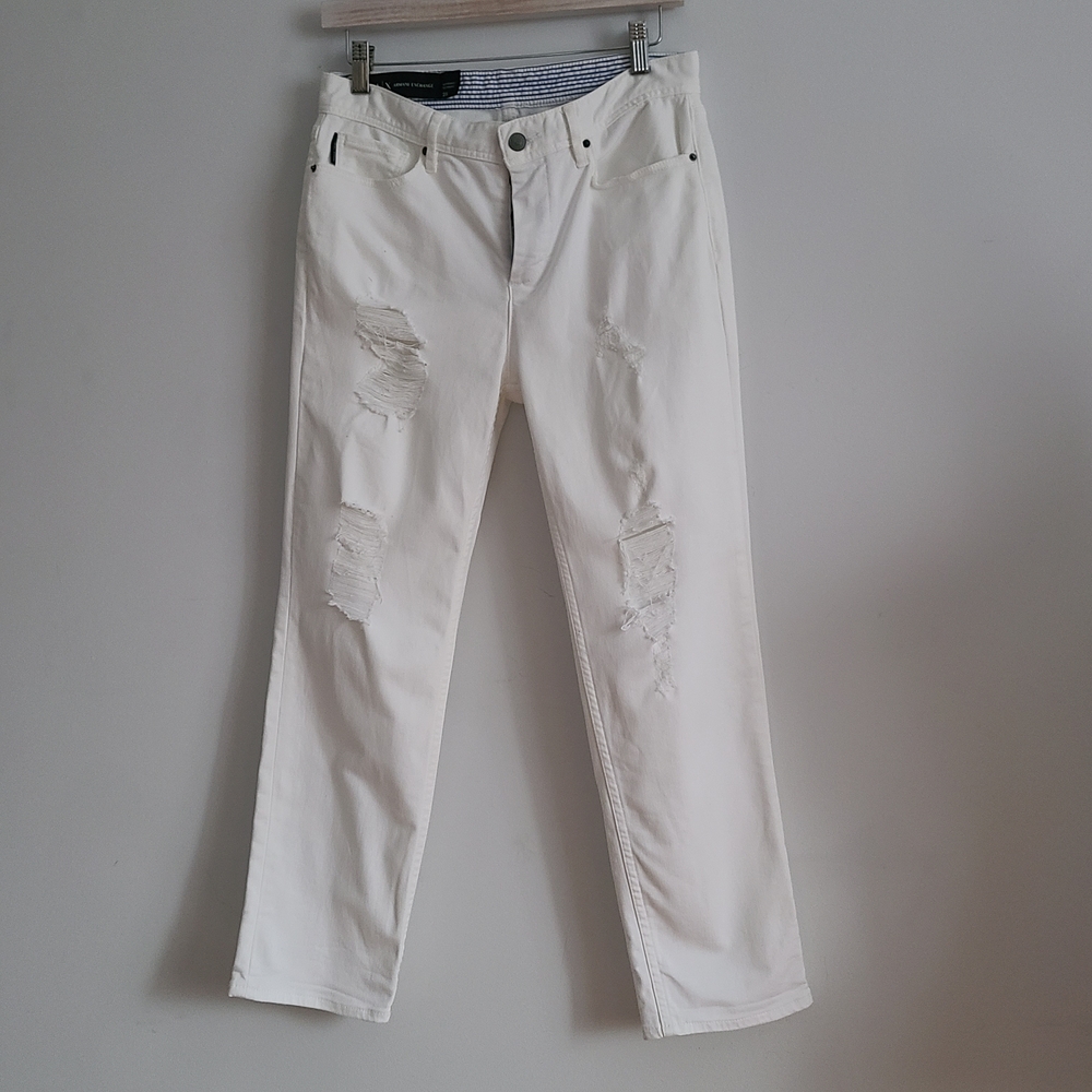 A/X Armani Exchange Button Fly Crisp White Distressed Jeans Size 25